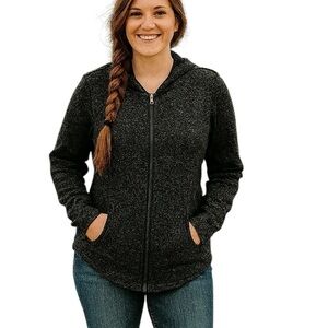 Eddie Bauer Large Black White Cozy Fleece Zip Up Hooded Lightweight Jacket